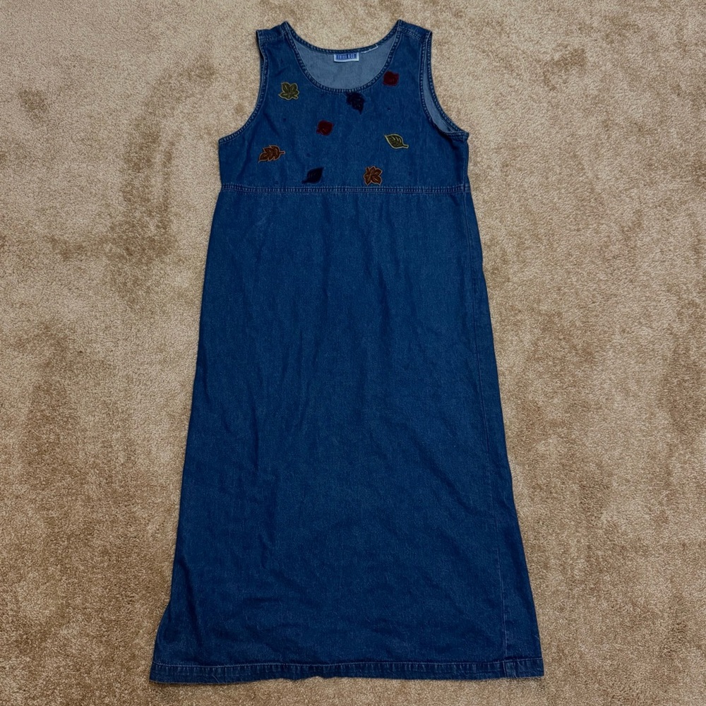 Blue Denim Maxi Dress with Leaf Embroidery